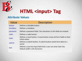 HTML <input> Tag
Attribute Values
 