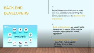 BACK END
DEVELOPERS
Back end development refers to the server
side of an application and everything that
communication between the database and
the browser.
1.
2.
N
E
X
T
Back end developers are usually write
the web services and API’s used by
front end developers and mobile
application
3.
LANGUAGE MOSTLY USED:
Java PhP, .Net(c#,Vb) C#
VB, Ruby, Python, SQL,
JavaScript…
 