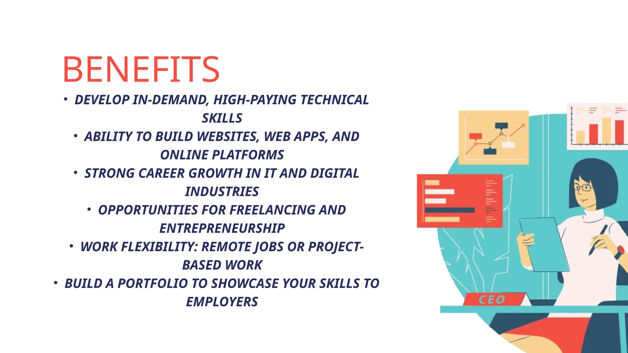 BENEFITS
• DEVELOP IN-DEMAND, HIGH-PAYING TECHNICAL
SKILLS
• ABILITY TO BUILD WEBSITES, WEB APPS, AND
ONLINE PLATFORMS
• STRONG CAREER GROWTH IN IT AND DIGITAL
INDUSTRIES
• OPPORTUNITIES FOR FREELANCING AND
ENTREPRENEURSHIP
• WORK FLEXIBILITY: REMOTE JOBS OR PROJECT-
BASED WORK
• BUILD A PORTFOLIO TO SHOWCASE YOUR SKILLS TO
EMPLOYERS
 