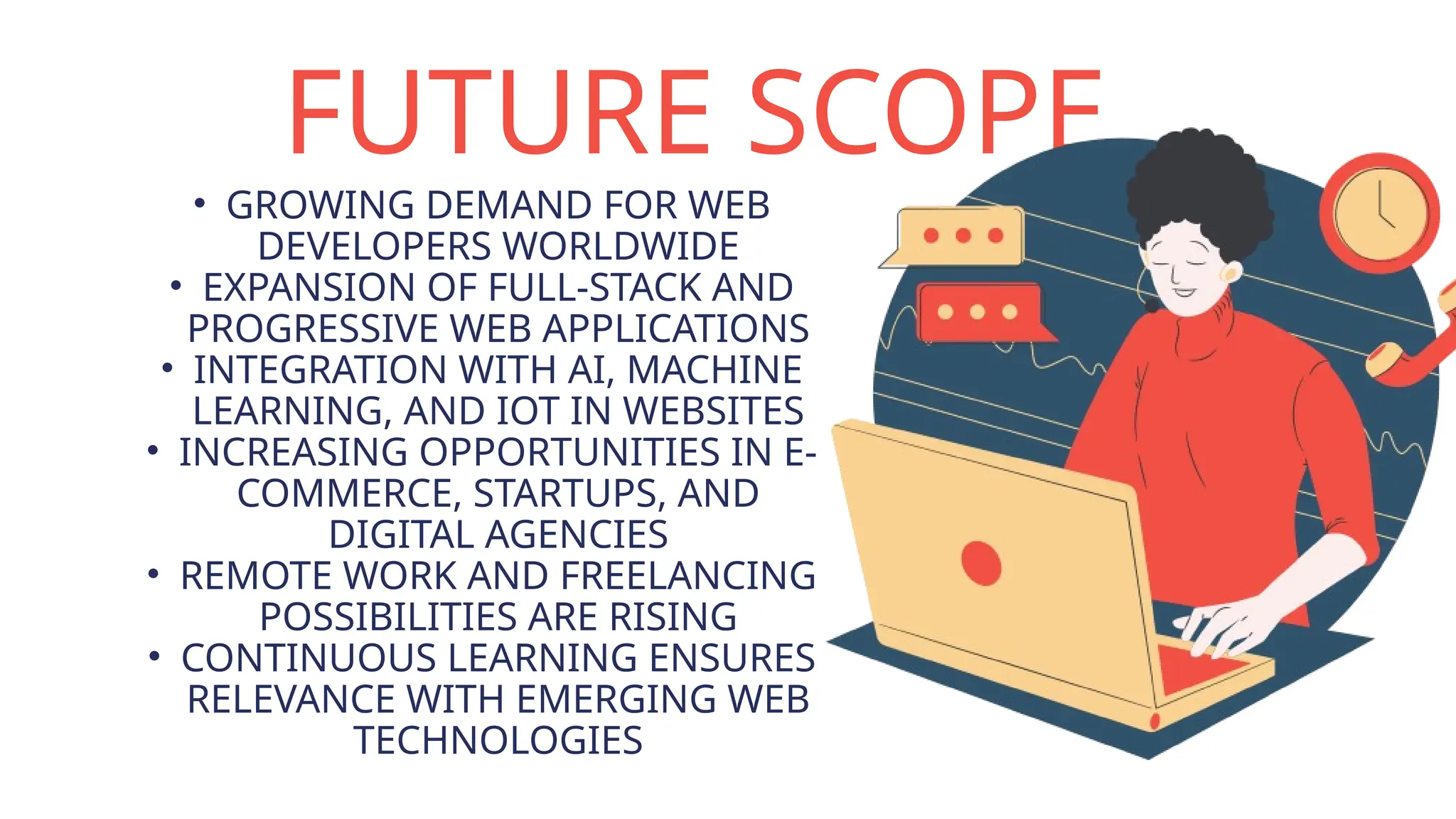FUTURE SCOPE
• GROWING DEMAND FOR WEB
DEVELOPERS WORLDWIDE
• EXPANSION OF FULL-STACK AND
PROGRESSIVE WEB APPLICATIONS
• INTEGRATION WITH AI, MACHINE
LEARNING, AND IOT IN WEBSITES
• INCREASING OPPORTUNITIES IN E-
COMMERCE, STARTUPS, AND
DIGITAL AGENCIES
• REMOTE WORK AND FREELANCING
POSSIBILITIES ARE RISING
• CONTINUOUS LEARNING ENSURES
RELEVANCE WITH EMERGING WEB
TECHNOLOGIES
 