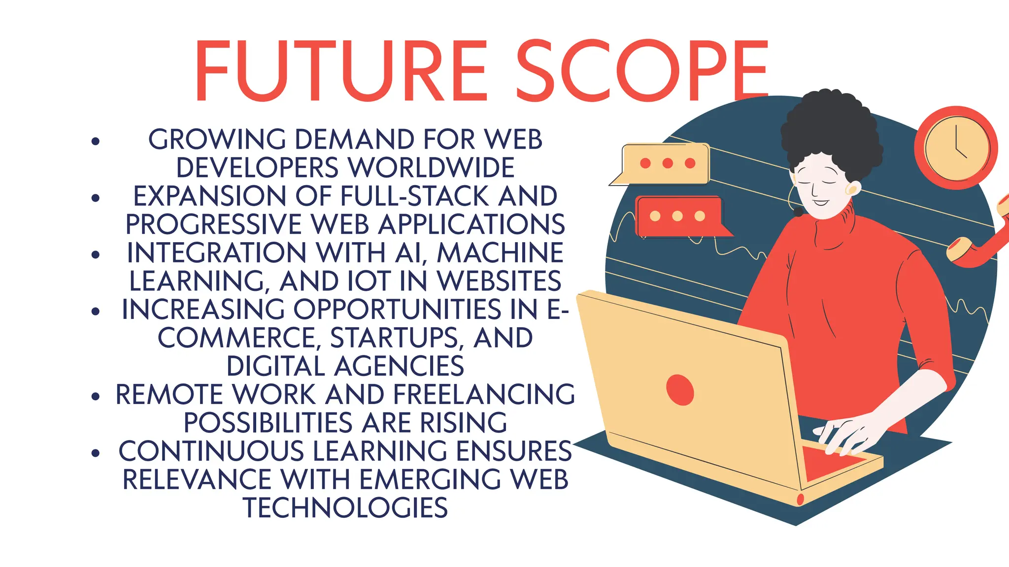 FUTURE SCOPE
GROWING DEMAND FOR WEB
DEVELOPERS WORLDWIDE
EXPANSION OF FULL-STACK AND
PROGRESSIVE WEB APPLICATIONS
INTEGRATION WITH AI, MACHINE
LEARNING, AND IOT IN WEBSITES
INCREASING OPPORTUNITIES IN E-
COMMERCE, STARTUPS, AND
DIGITAL AGENCIES
REMOTE WORK AND FREELANCING
POSSIBILITIES ARE RISING
CONTINUOUS LEARNING ENSURES
RELEVANCE WITH EMERGING WEB
TECHNOLOGIES
 
