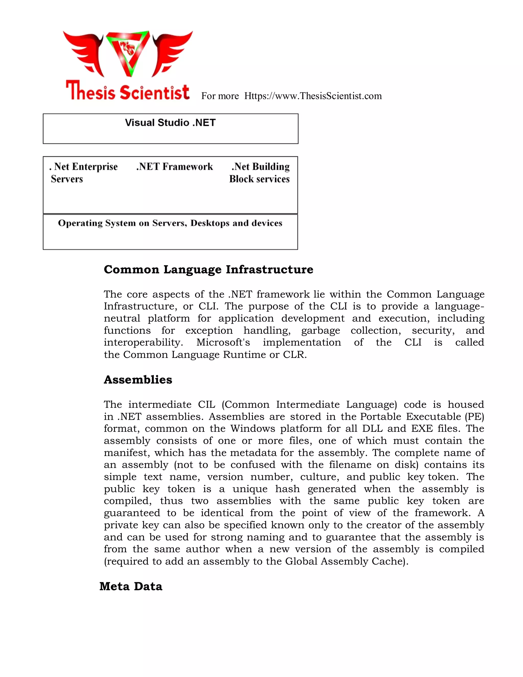 For more Https://www.ThesisScientist.com
Common Language Infrastructure
The core aspects of the .NET framework lie within the Common Language
Infrastructure, or CLI. The purpose of the CLI is to provide a language-
neutral platform for application development and execution, including
functions for exception handling, garbage collection, security, and
interoperability. Microsoft's implementation of the CLI is called
the Common Language Runtime or CLR.
Assemblies
The intermediate CIL (Common Intermediate Language) code is housed
in .NET assemblies. Assemblies are stored in the Portable Executable (PE)
format, common on the Windows platform for all DLL and EXE files. The
assembly consists of one or more files, one of which must contain the
manifest, which has the metadata for the assembly. The complete name of
an assembly (not to be confused with the filename on disk) contains its
simple text name, version number, culture, and public key token. The
public key token is a unique hash generated when the assembly is
compiled, thus two assemblies with the same public key token are
guaranteed to be identical from the point of view of the framework. A
private key can also be specified known only to the creator of the assembly
and can be used for strong naming and to guarantee that the assembly is
from the same author when a new version of the assembly is compiled
(required to add an assembly to the Global Assembly Cache).
Meta Data
 