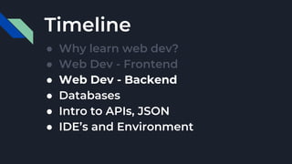 Timeline
● Why learn web dev?
● Web Dev - Frontend
● Web Dev - Backend
● Databases
● Intro to APIs, JSON
● IDE’s and Environment
 