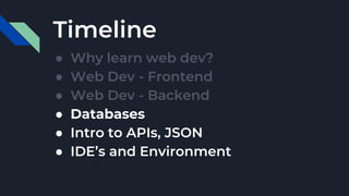 Timeline
● Why learn web dev?
● Web Dev - Frontend
● Web Dev - Backend
● Databases
● Intro to APIs, JSON
● IDE’s and Environment
 