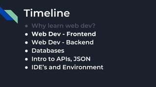 Timeline
● Why learn web dev?
● Web Dev - Frontend
● Web Dev - Backend
● Databases
● Intro to APIs, JSON
● IDE’s and Environment
 