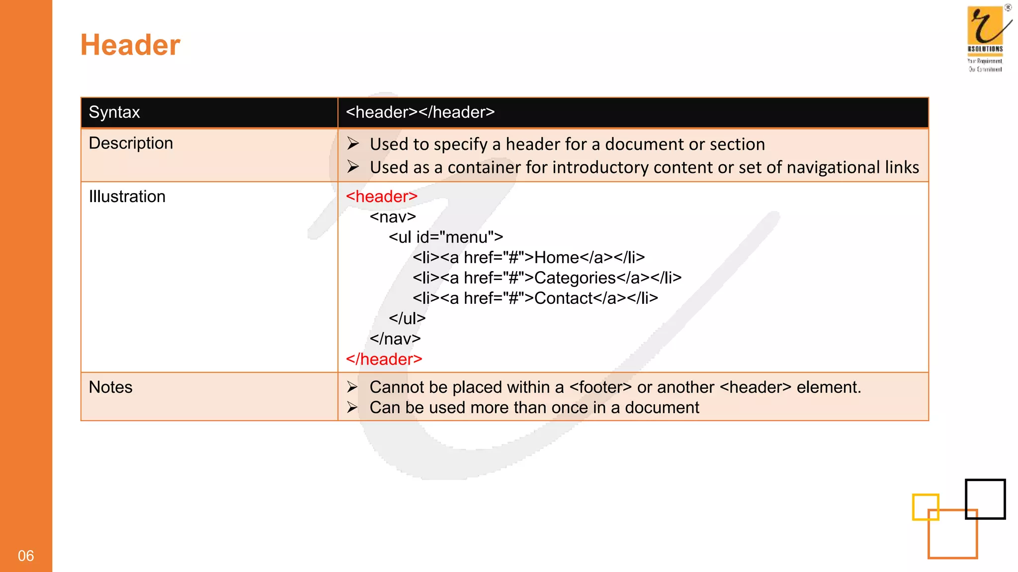 Header
06
Syntax <header></header>
Description  Used to specify a header for a document or section
 Used as a container for introductory content or set of navigational links
Illustration <header>
<nav>
<ul id="menu">
<li><a href="#">Home</a></li>
<li><a href="#">Categories</a></li>
<li><a href="#">Contact</a></li>
</ul>
</nav>
</header>
Notes  Cannot be placed within a <footer> or another <header> element.
 Can be used more than once in a document
 