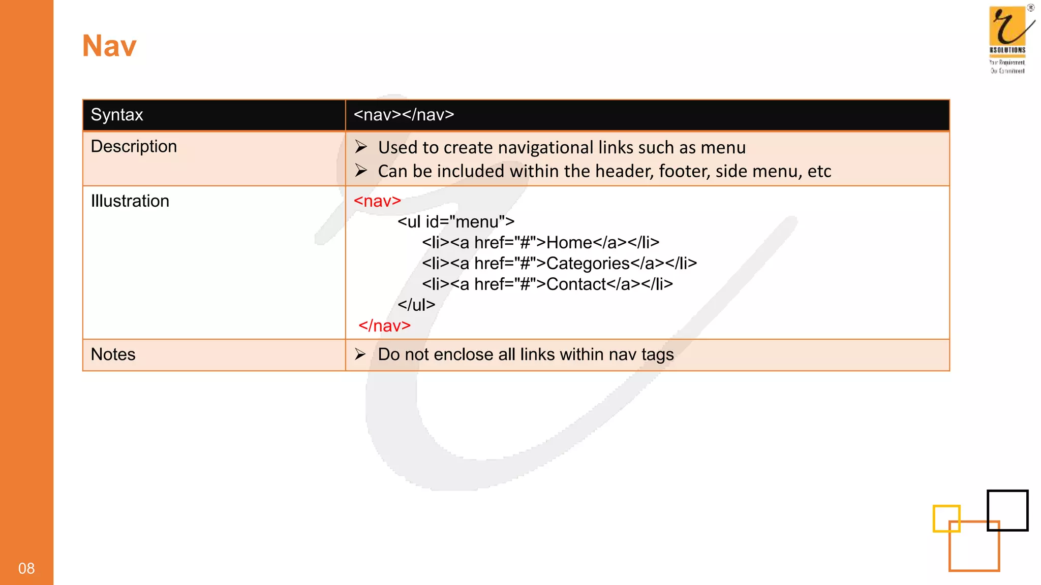 Nav
08
Syntax <nav></nav>
Description  Used to create navigational links such as menu
 Can be included within the header, footer, side menu, etc
Illustration <nav>
<ul id="menu">
<li><a href="#">Home</a></li>
<li><a href="#">Categories</a></li>
<li><a href="#">Contact</a></li>
</ul>
</nav>
Notes  Do not enclose all links within nav tags
 