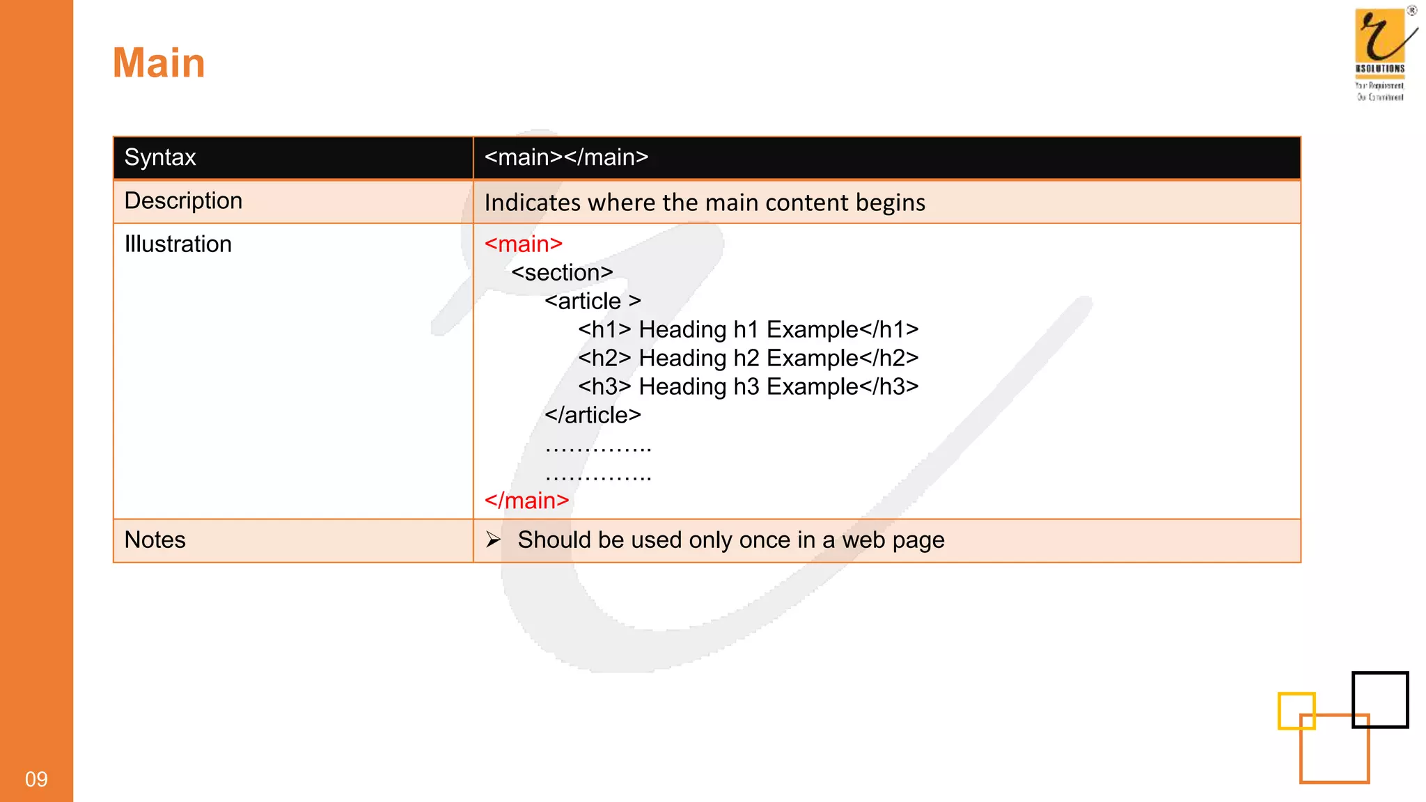 Main
09
Syntax <main></main>
Description Indicates where the main content begins
Illustration <main>
<section>
<article >
<h1> Heading h1 Example</h1>
<h2> Heading h2 Example</h2>
<h3> Heading h3 Example</h3>
</article>
…………..
…………..
</main>
Notes  Should be used only once in a web page
 
