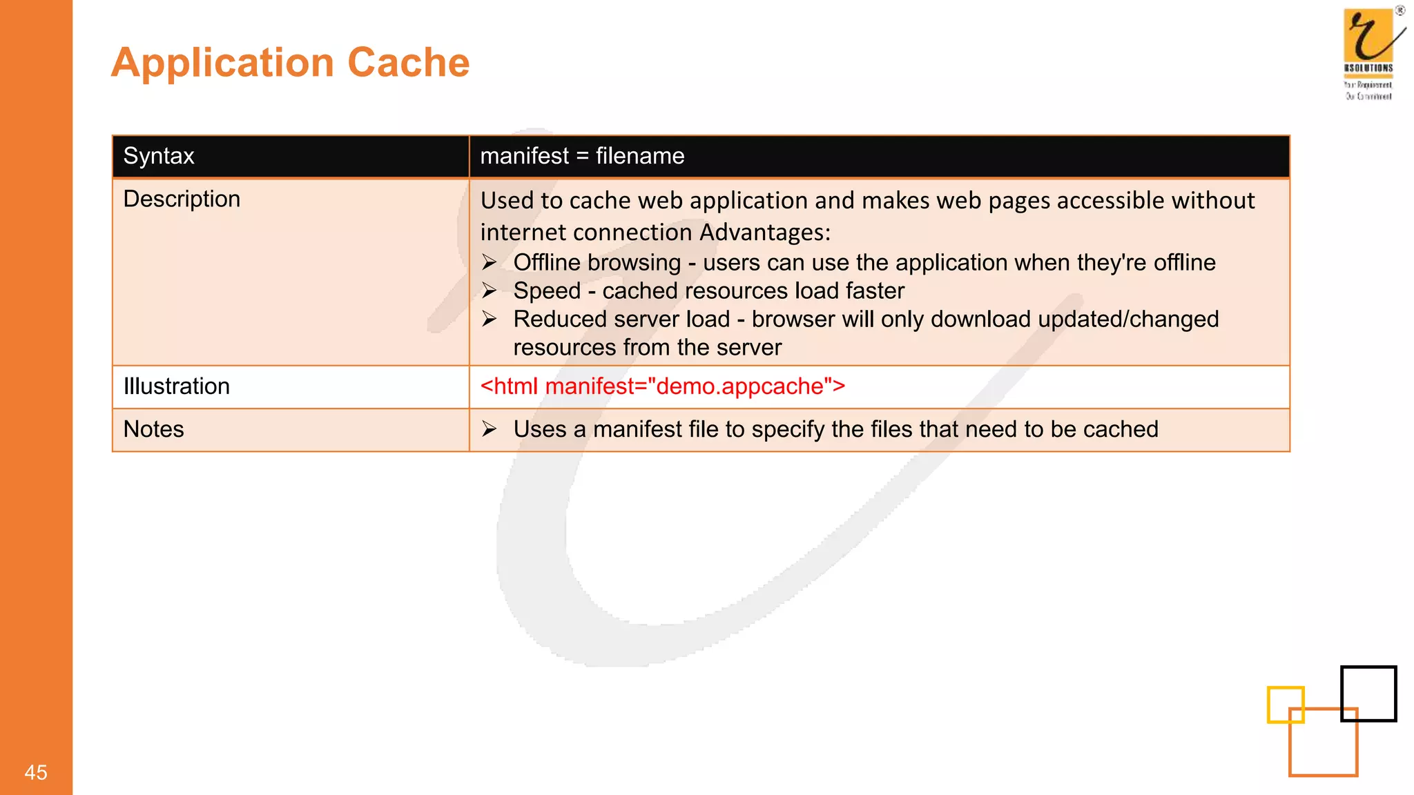 Application Cache
45
Syntax manifest = filename
Description Used to cache web application and makes web pages accessible without
internet connection Advantages:
 Offline browsing - users can use the application when they're offline
 Speed - cached resources load faster
 Reduced server load - browser will only download updated/changed
resources from the server
Illustration <html manifest="demo.appcache">
Notes  Uses a manifest file to specify the files that need to be cached
 