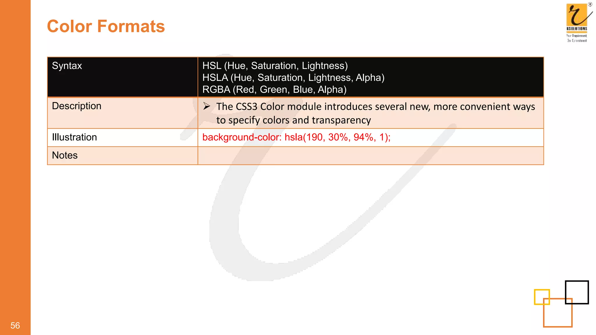 Color Formats
56
Syntax HSL (Hue, Saturation, Lightness)
HSLA (Hue, Saturation, Lightness, Alpha)
RGBA (Red, Green, Blue, Alpha)
Description  The CSS3 Color module introduces several new, more convenient ways
to specify colors and transparency
Illustration background-color: hsla(190, 30%, 94%, 1);
Notes
 