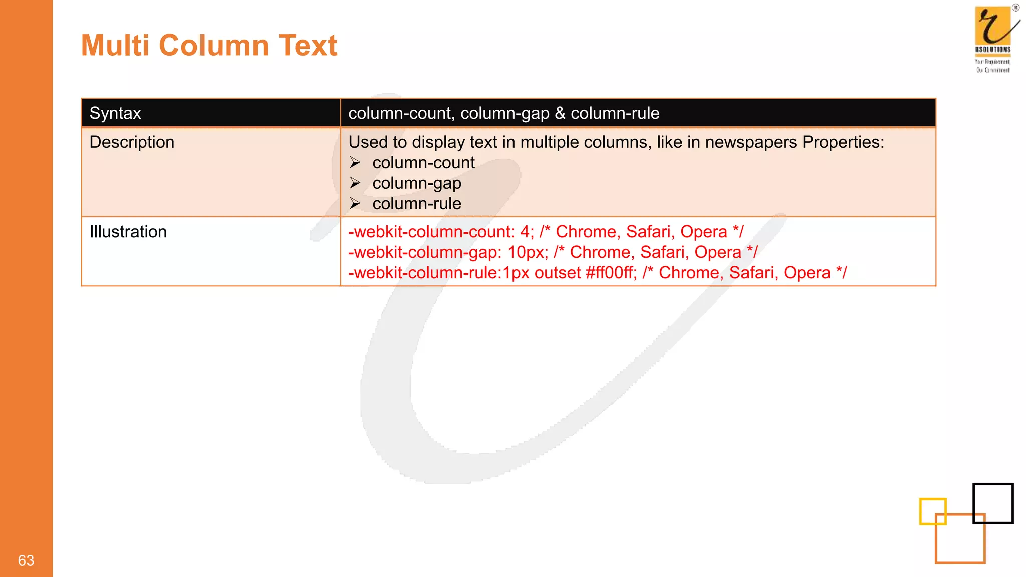 Multi Column Text
63
Syntax column-count, column-gap & column-rule
Description Used to display text in multiple columns, like in newspapers Properties:
 column-count
 column-gap
 column-rule
Illustration -webkit-column-count: 4; /* Chrome, Safari, Opera */
-webkit-column-gap: 10px; /* Chrome, Safari, Opera */
-webkit-column-rule:1px outset #ff00ff; /* Chrome, Safari, Opera */
 