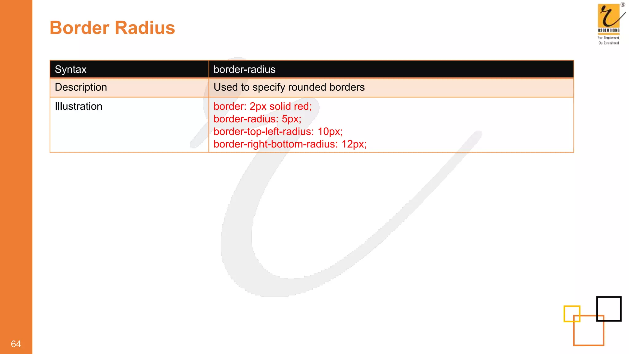 Border Radius
64
Syntax border-radius
Description Used to specify rounded borders
Illustration border: 2px solid red;
border-radius: 5px;
border-top-left-radius: 10px;
border-right-bottom-radius: 12px;
 