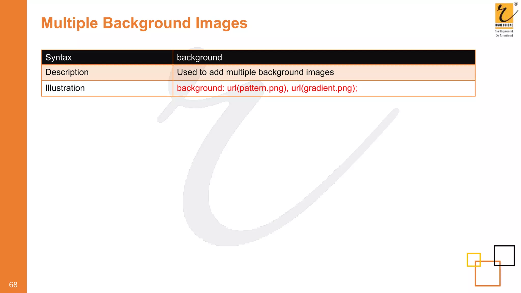Multiple Background Images
68
Syntax background
Description Used to add multiple background images
Illustration background: url(pattern.png), url(gradient.png);
 