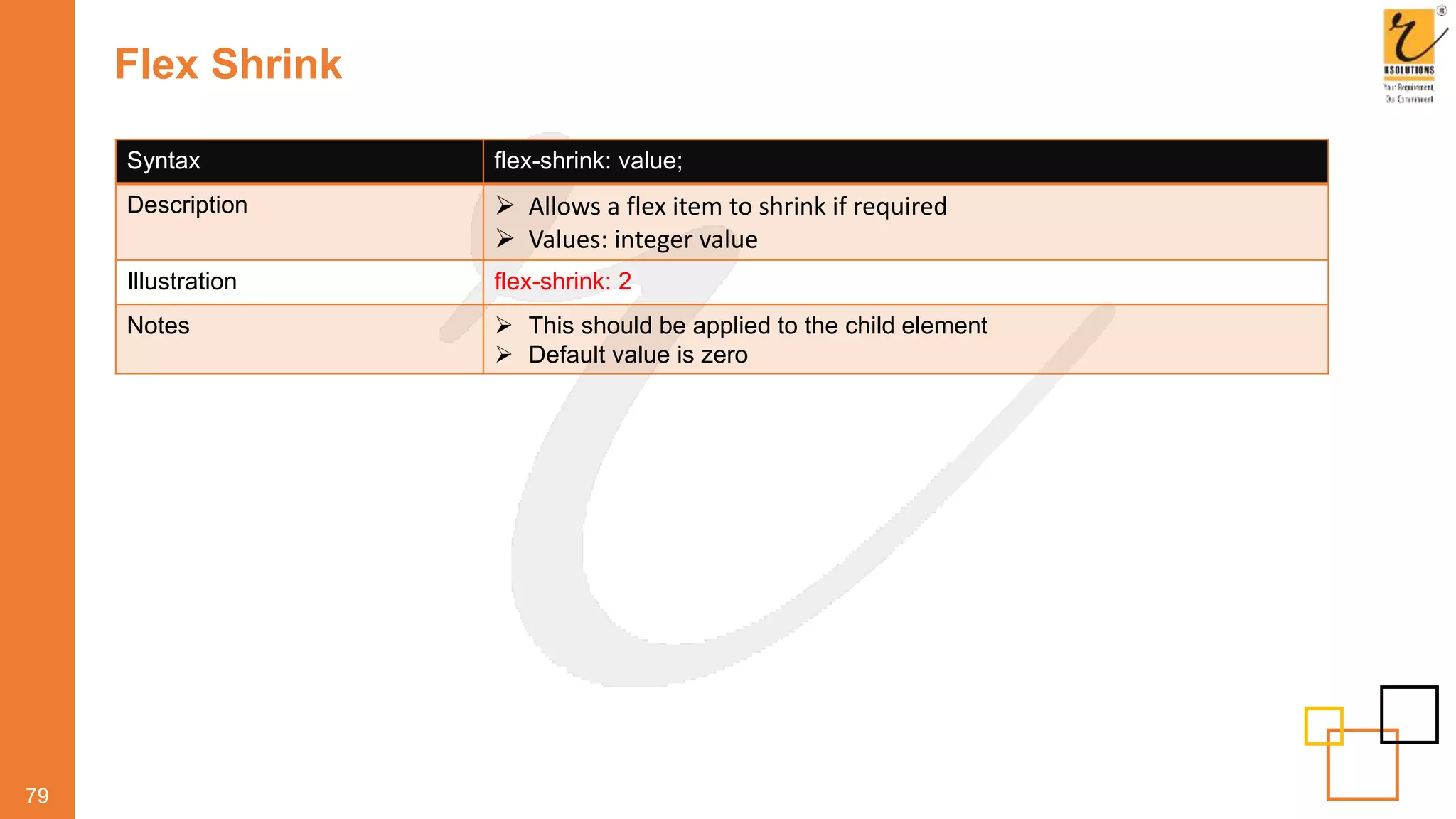 Flex Shrink
79
Syntax flex-shrink: value;
Description  Allows a flex item to shrink if required
 Values: integer value
Illustration flex-shrink: 2
Notes  This should be applied to the child element
 Default value is zero
 