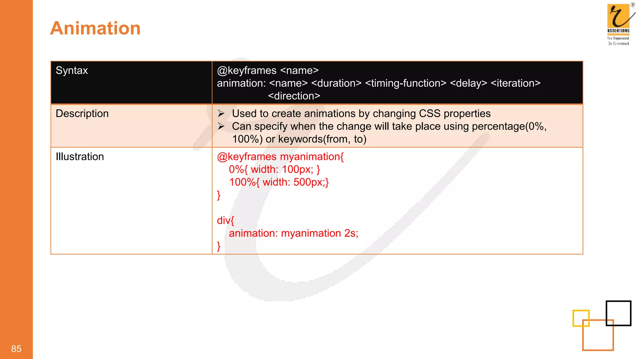 Animation
85
Syntax @keyframes <name>
animation: <name> <duration> <timing-function> <delay> <iteration>
<direction>
Description  Used to create animations by changing CSS properties
 Can specify when the change will take place using percentage(0%,
100%) or keywords(from, to)
Illustration @keyframes myanimation{
0%{ width: 100px; }
100%{ width: 500px;}
}
div{
animation: myanimation 2s;
}
 