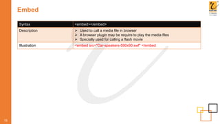 Embed
15
Syntax <embed></embed>
Description  Used to call a media file in browser
 A browser plugin may be require to play the media files
 Specially used for calling a flash movie
Illustration <embed src="Car-speakers-590x90.swf" </embed
 