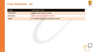 Form Elements - tel
22
Syntax <input type = “tel”>
Description Used to add contact number
Illustration <input type=“tel" name="contact" >
Notes  It does not enforce a particular format
 