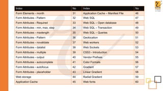 Index No Index No
Form Elements - month 31 Application Cache – Manifest File 46
Form Attributes - Pattern 32 Web SQL 47
Form Attributes - Required 33 Web SQL – Open database 48
Form Attributes - min, max, step 34 Web SQL – Transaction 49
Form Attributes - maxlength 35 Web SQL – Queries 50
Form Attributes - Pattern 36 Geolocation 51
Form Attributes - novalidate 37 Web workers 52
Form Attributes - datalist 38 Web Sockets 53
Form Attributes - multiple 39 CSS3 - Introduction 54
Form Attributes - output 40 Vendor Prefixes 55
Form Attributes - autocomplete 41 Color Formats 56
Form Attributes - autofocus 42 Gradient 57
Form Attributes - placeholder 43 Linear Gradient 58
Web storage 44 Radial Gradient 59
Application Cache 45 Web fonts 60
 