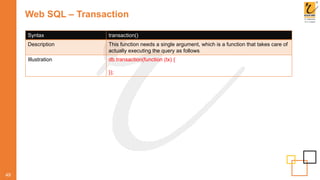 Web SQL – Transaction
49
Syntax transaction()
Description This function needs a single argument, which is a function that takes care of
actually executing the query as follows
Illustration db.transaction(function (tx) {
});
 