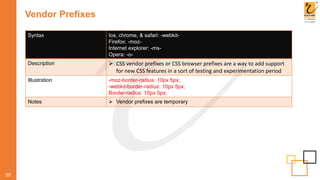 Vendor Prefixes
55
Syntax Ios, chrome, & safari: -webkit-
Firefox: -moz-
Internet explorer: -ms-
Opera: -o-
Description  CSS vendor prefixes or CSS browser prefixes are a way to add support
for new CSS features in a sort of testing and experimentation period
Illustration -moz-border-radius: 10px 5px;
-webkit-border-radius: 10px 5px;
Border-radius: 10px 5px;
Notes  Vendor prefixes are temporary
 