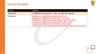 Linear Gradient
58
Syntax gradient
Description  Defined by the direction – down, up, right, left, diagonal
Illustration background: -webkit-linear-gradient(white, blue);
background: -webkit-linear-gradient(left, white, blue);
background: -webkit-linear-gradient(bottom right, white, blue);
background: -webkit-linear-gradient(45deg, white, blue);
background: -webkit-linear-gradient(blue, white, blue);
background: -webkit-repeating-linear-gradient(red, yellow 10%, green 20%);
 