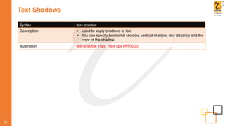 Text Shadows
61
Syntax text-shadow
Description  Used to apply shadows to text
 You can specify horizontal shadow, vertical shadow, blur distance and the
color of the shadow
Illustration text-shadow:10px 10px 5px #FF0000;
 