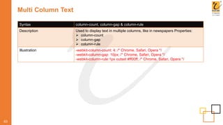 Multi Column Text
63
Syntax column-count, column-gap & column-rule
Description Used to display text in multiple columns, like in newspapers Properties:
 column-count
 column-gap
 column-rule
Illustration -webkit-column-count: 4; /* Chrome, Safari, Opera */
-webkit-column-gap: 10px; /* Chrome, Safari, Opera */
-webkit-column-rule:1px outset #ff00ff; /* Chrome, Safari, Opera */
 