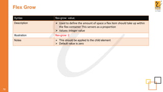 Flex Grow
78
Syntax flex-grow: value;
Description  Used to define the amount of space a flex item should take up within
the flex container This servers as a proportion
 Values: integer value
Illustration flex-grow: 2
Notes  This should be applied to the child element
 Default value is zero
 