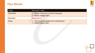 Flex Shrink
79
Syntax flex-shrink: value;
Description  Allows a flex item to shrink if required
 Values: integer value
Illustration flex-shrink: 2
Notes  This should be applied to the child element
 Default value is zero
 