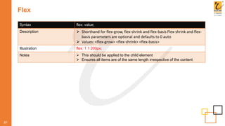 Flex
81
Syntax flex: value;
Description  Shorthand for flex-grow, flex-shrink and flex-basis Flex-shrink and flex-
basis parameters are optional and defaults to 0 auto
 Values: <flex-grow> <flex-shrink> <flex-basis>
Illustration flex: 1 1 200px;
Notes  This should be applied to the child element
 Ensures all items are of the same length irrespective of the content
 