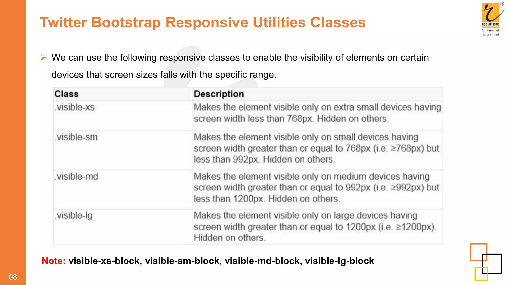 Twitter Bootstrap Responsive Utilities Classes
 We can use the following responsive classes to enable the visibility of elements on certain
devices that screen sizes falls with the specific range.
08
Note: visible-xs-block, visible-sm-block, visible-md-block, visible-lg-block
 