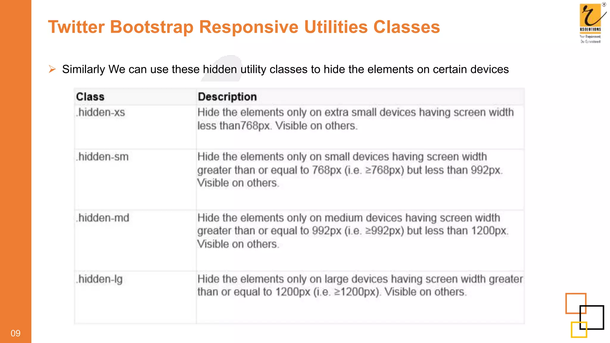 Twitter Bootstrap Responsive Utilities Classes
 Similarly We can use these hidden utility classes to hide the elements on certain devices
09
 