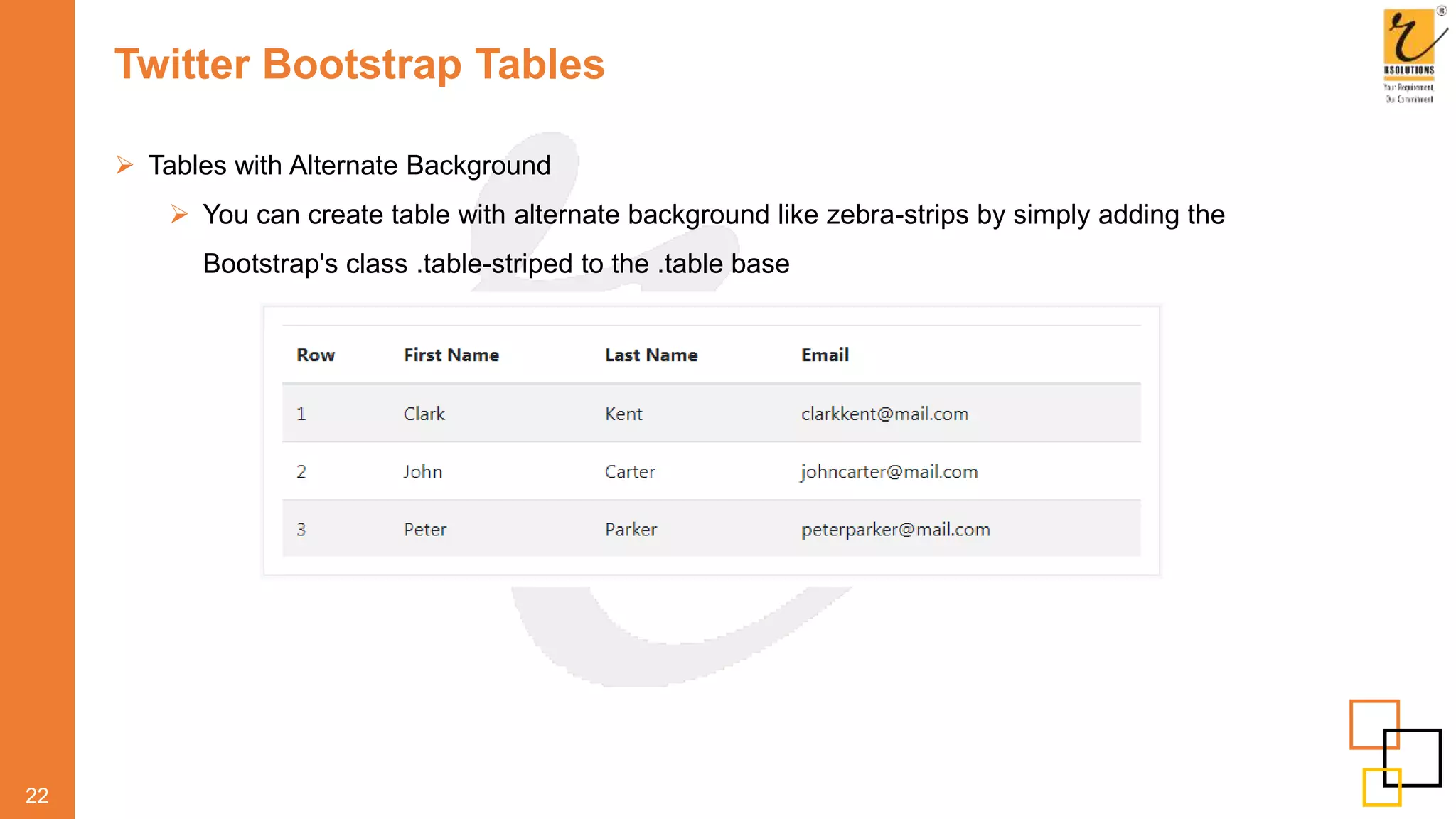Twitter Bootstrap Tables
 Tables with Alternate Background
 You can create table with alternate background like zebra-strips by simply adding the
Bootstrap's class .table-striped to the .table base
22
 
