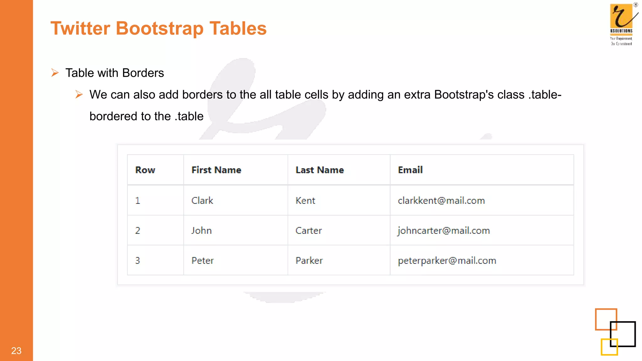 Twitter Bootstrap Tables
 Table with Borders
 We can also add borders to the all table cells by adding an extra Bootstrap's class .table-
bordered to the .table
23
 