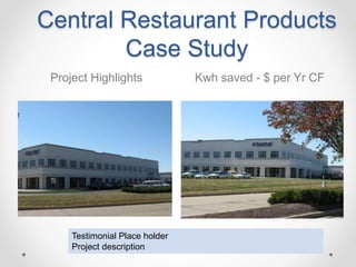Central Restaurant Products
Case Study
Kwh saved - $ per Yr CF
Testimonial Place holder
Project description
Project Highlights
 