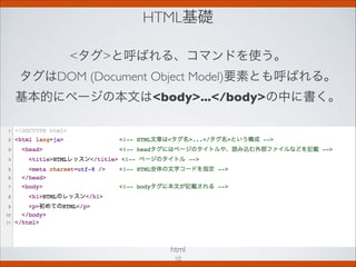 HTML基礎
html
タグと呼ばれる、コマンドを使う。
タグはDOM (Document Object Model)要素とも呼ばれる。
基本的にページの本文はbody.../bodyの中に書く。
10
 