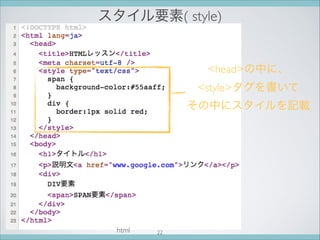 スタイル要素( style)
headの中に、
styleタグを書いて
その中にスタイルを記載
html 22
 