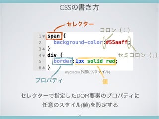 CSSの書き方
セレクター
プロパティ 値
セレクターで指定したDOM要素のプロパティに
任意のスタイル(値)を設定する
mycss.css (外部CSSファイル)
コロン（：）
セミコロン（ ; ）
24
 