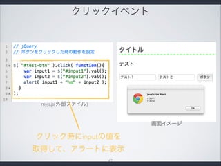 クリックイベント
画面イメージ
myjs.js(外部ファイル)
クリック時にinputの値を
取得して、アラートに表示
47
 