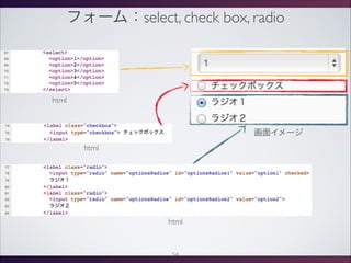 フォーム：select, check box, radio
画面イメージ
html
html
html
54
 
