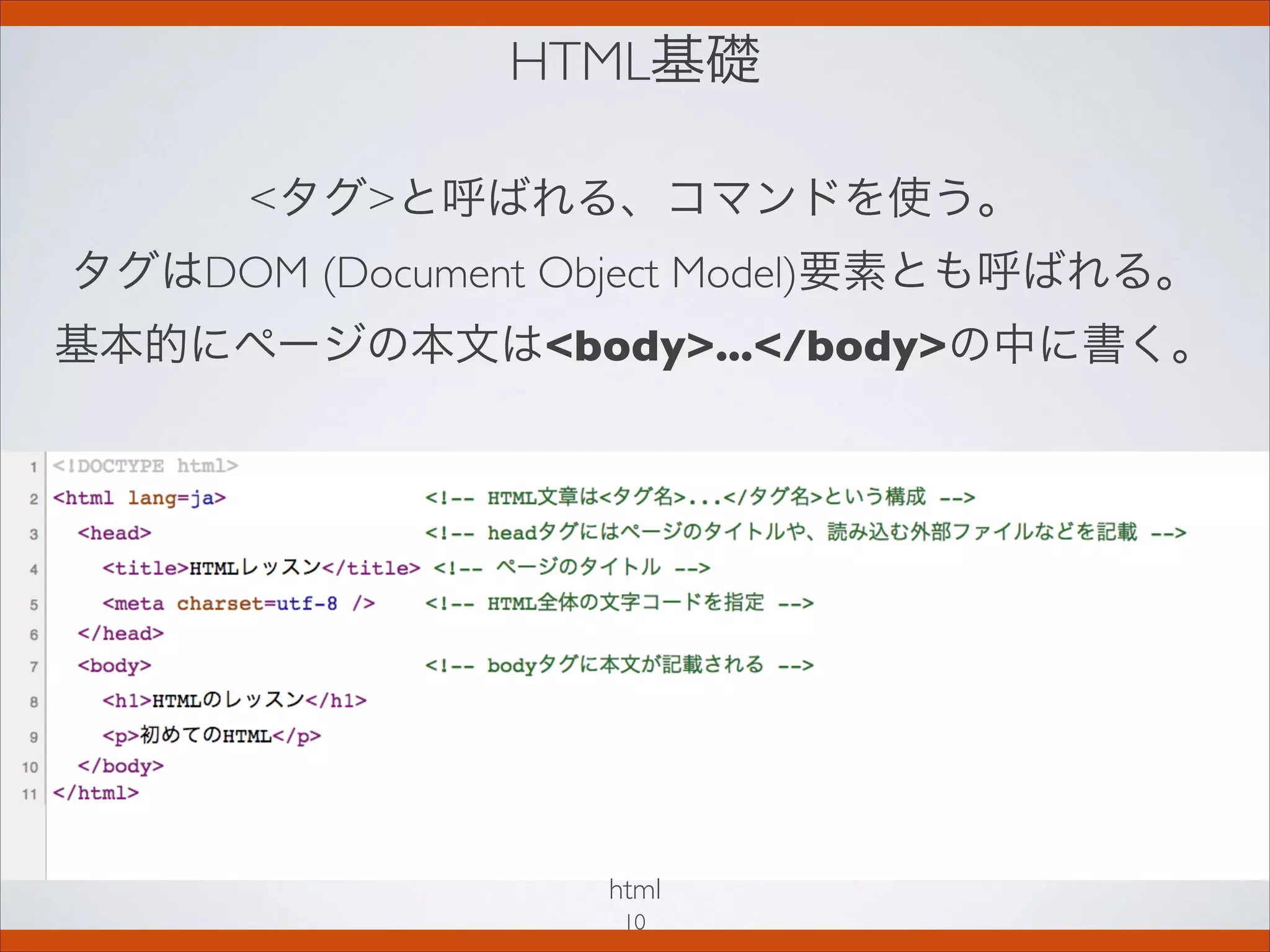 HTML基礎
html
タグと呼ばれる、コマンドを使う。
タグはDOM (Document Object Model)要素とも呼ばれる。
基本的にページの本文はbody.../bodyの中に書く。
10
 