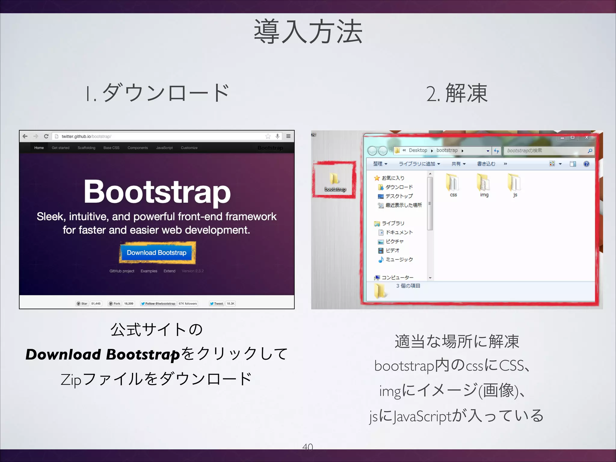 導入方法
40
公式サイトの
Download Bootstrapをクリックして
Zipファイルをダウンロード
1. ダウンロード
適当な場所に解凍
bootstrap内のcssにCSS、
imgにイメージ(画像)、
jsにJavaScriptが入っている
2. 解凍
 