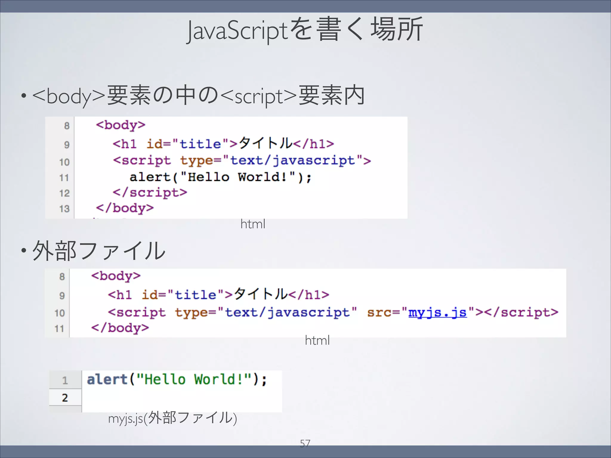 JavaScriptを書く場所
• body要素の中のscript要素内


• 外部ファイル

html
myjs.js(外部ファイル)
html
57
 