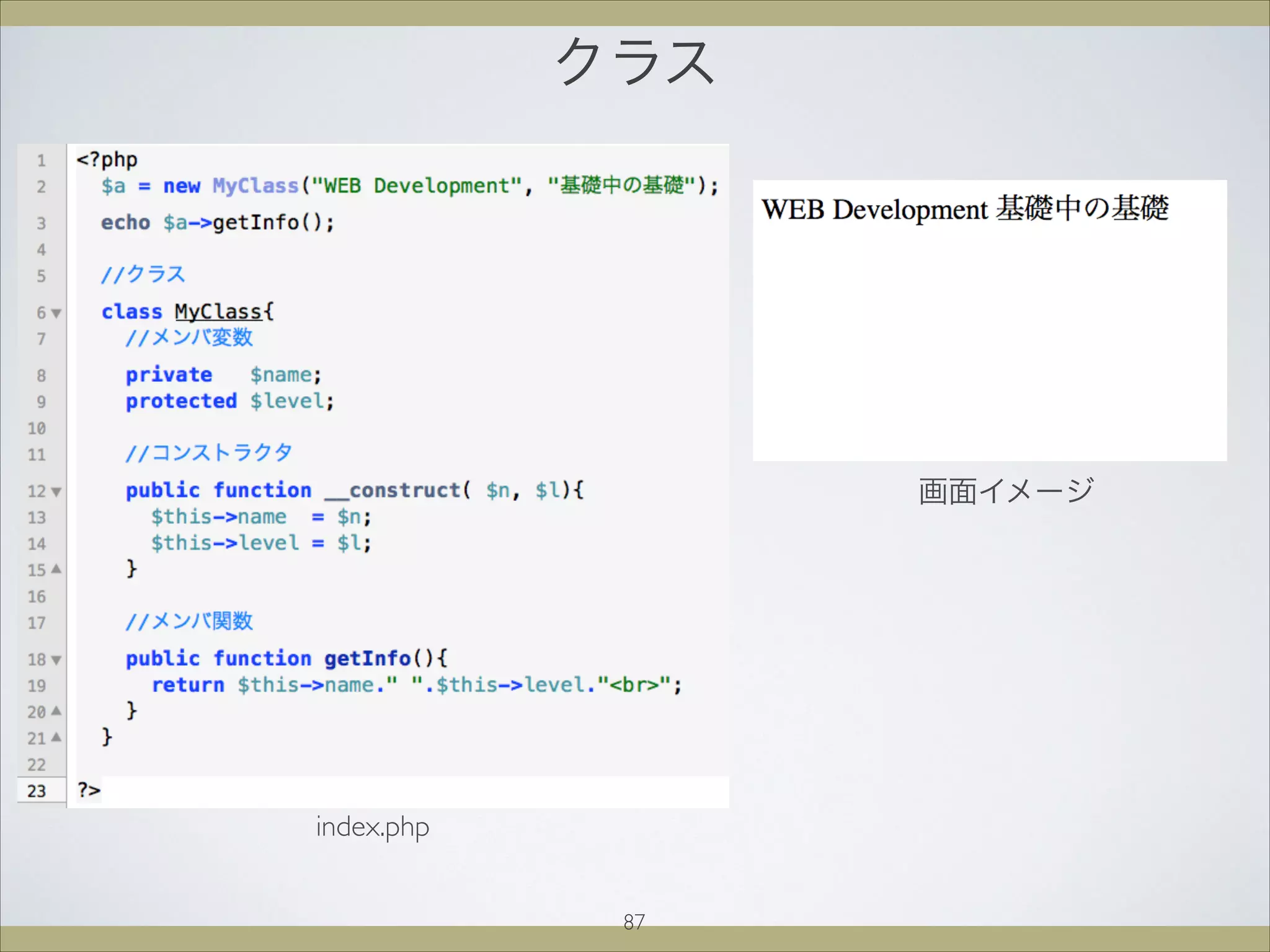 クラス
画面イメージ
index.php
87
 