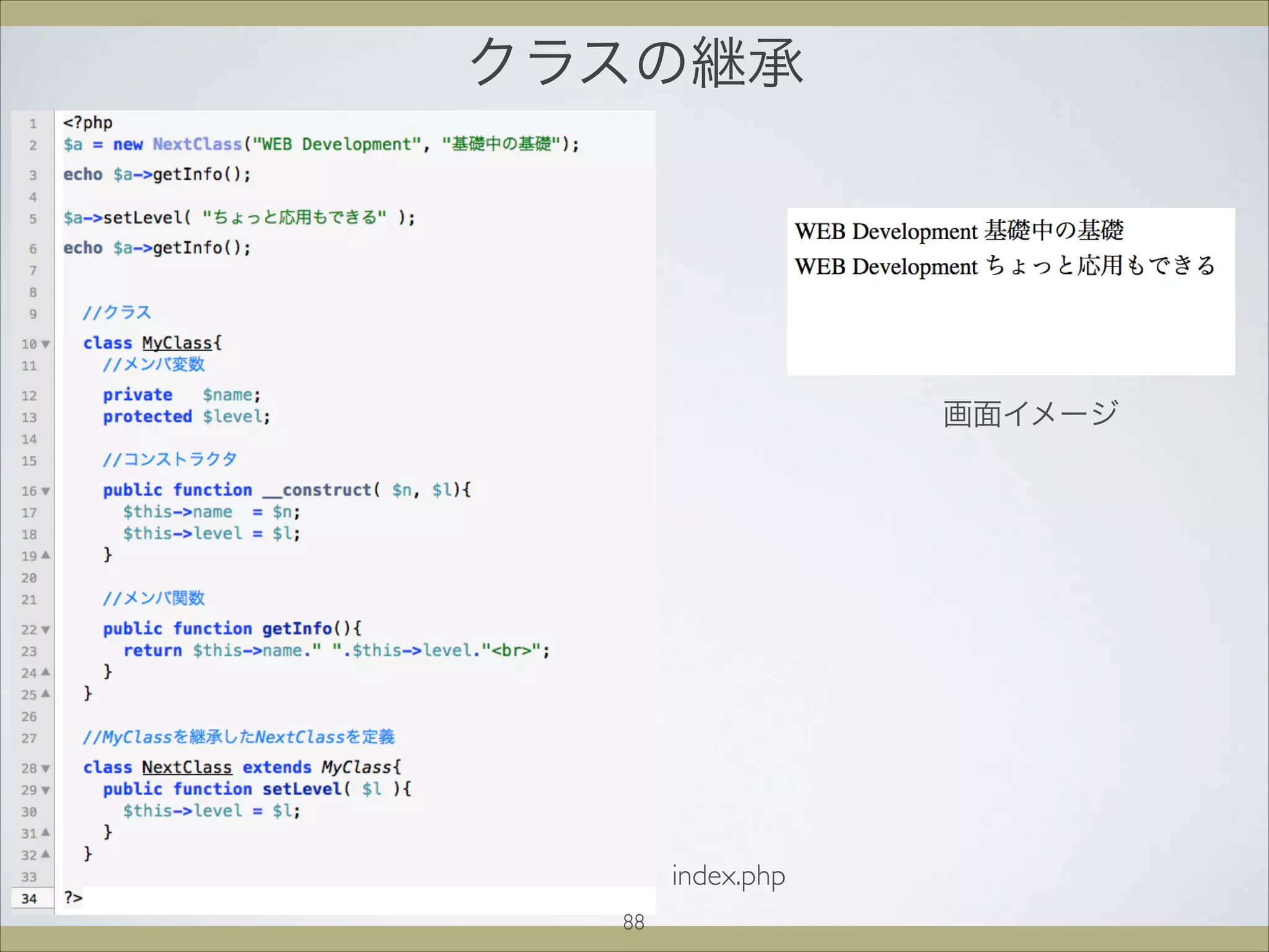 クラスの継承
画面イメージ
index.php
88
 
