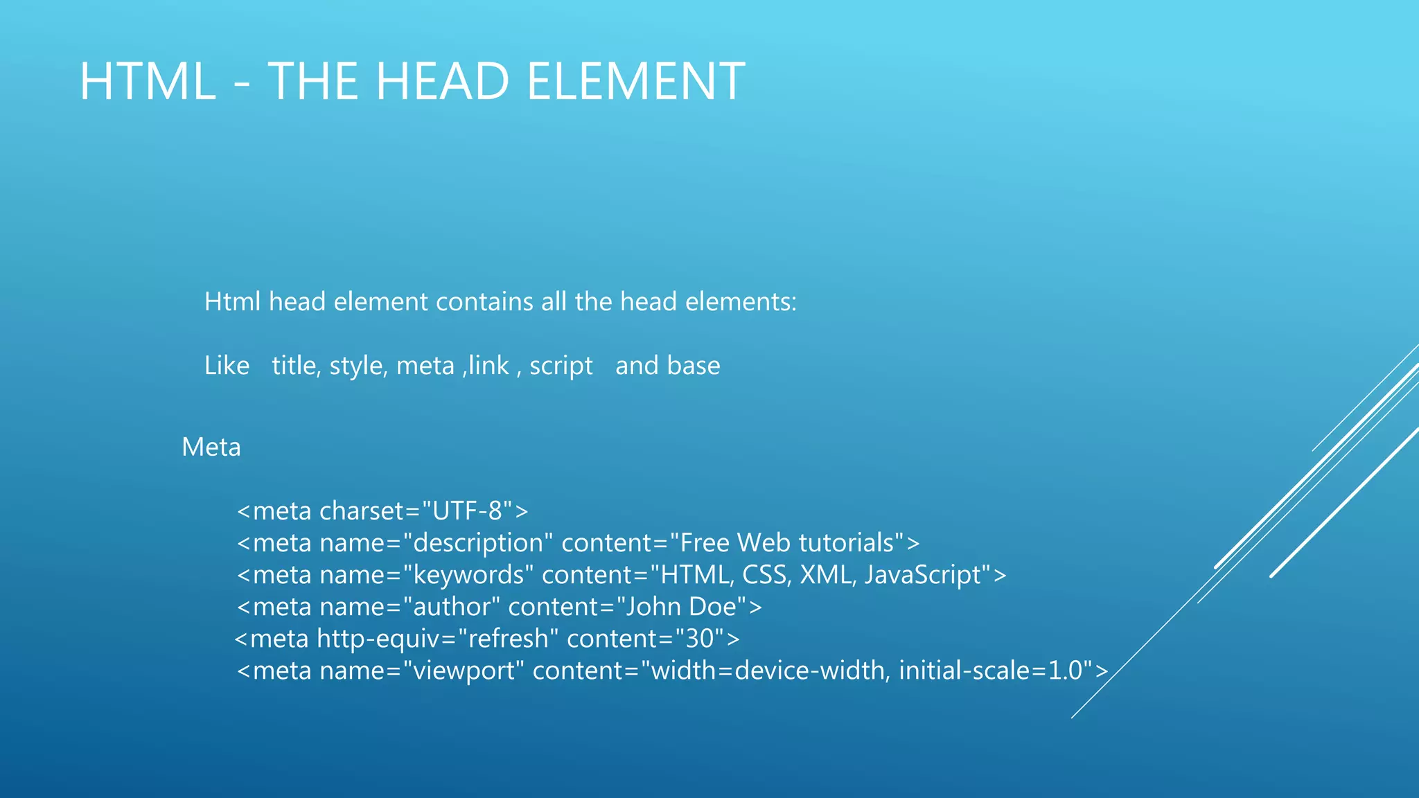 HTML - THE HEAD ELEMENT
Html head element contains all the head elements:
Like title, style, meta ,link , script and base
Meta
<meta charset="UTF-8">
<meta name="description" content="Free Web tutorials">
<meta name="keywords" content="HTML, CSS, XML, JavaScript">
<meta name="author" content="John Doe">
<meta http-equiv="refresh" content="30">
<meta name="viewport" content="width=device-width, initial-scale=1.0">
 