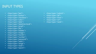 INPUT TYPES
• <Input type=“text”>
• <Input type=“button”>
• <Input type=“checkbox”>
• <Input type=“color”>
• <Input type=“date”>
• <Input type=“datetime-local”>
• <Input type=“email”>
• <Input type=“file”>
• <Input type=“hidden”>
• <Input type=“image”>
• <Input type=“month”>
• <Input type=“number”>
• <Input type=“password”>
• <Input type=“radio”>
• <Input type=“range”>
• <Input type=“reset”>
• <Input type=“search”>
• <Input type=“submit”>
• <Input type=“tel”>
• <Input type=“time”>
• <Input type=“url”>
• <Input type=“week”>
 