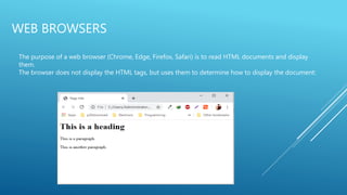WEB BROWSERS
The purpose of a web browser (Chrome, Edge, Firefox, Safari) is to read HTML documents and display
them.
The browser does not display the HTML tags, but uses them to determine how to display the document:
 