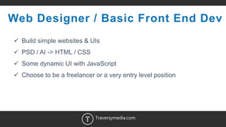 7
Web Designer / Basic Front End Dev
 Build simple websites & UIs
 PSD / AI -> HTML / CSS
 Some dynamic UI with JavaScript
 Choose to be a freelancer or a very entry level position
Traversymedia.com
 