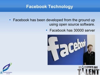 Facebook Technology


    Facebook has been developed from the ground up
                        using open source software.
                      
                          Facebook has 30000 server
                                   
                                       Facebook uses
                                                
                                                        Linux
                                            
                                                Apache
                                            
                                                MySQL
                                                    
                                                        PHP
 